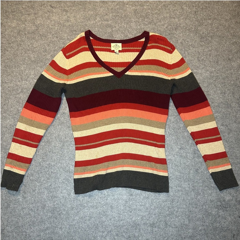 St. John's Bay V-Neck Sweater Large Multi-Color Striped Ribbed Cotton